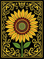 Golden Yellow Sunflower Black Floral Border Rug