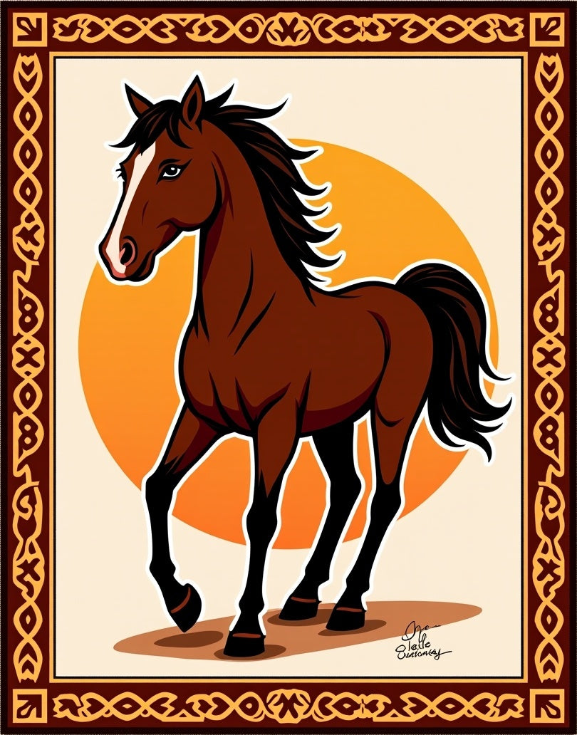 Brown Horse with Orange Sun Border Rug
