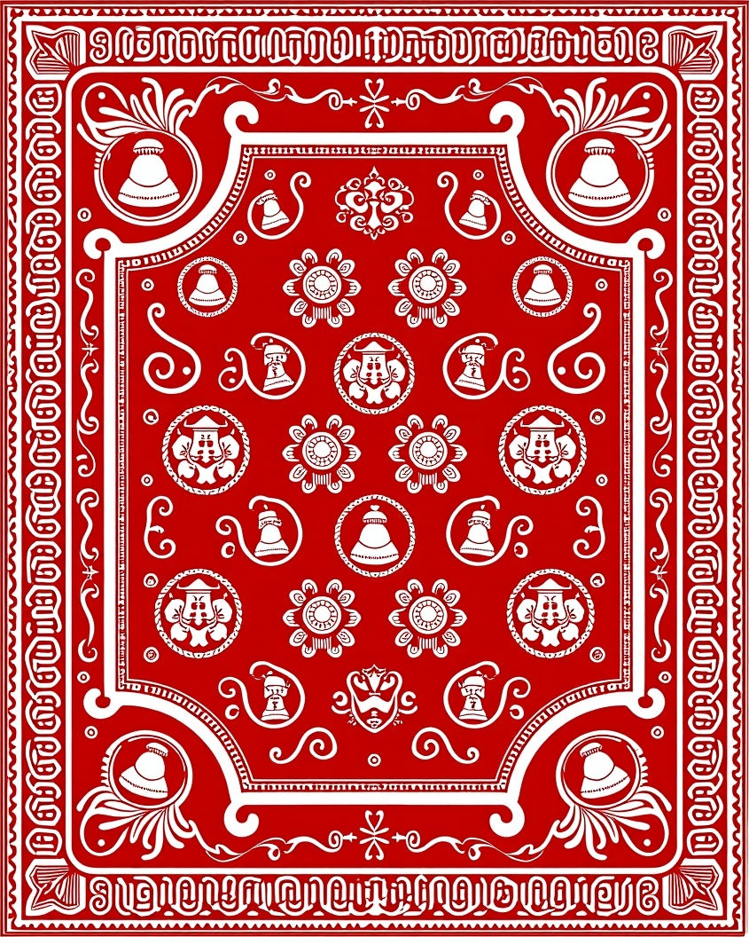 Red White Bell Floral Medallion Border Rug
