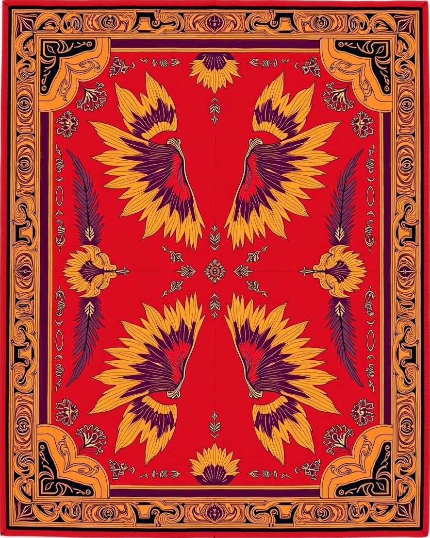 Golden Winged Sunburst Red Rug
