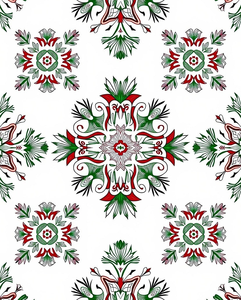 Crimson Green Floral Symmetry Rug