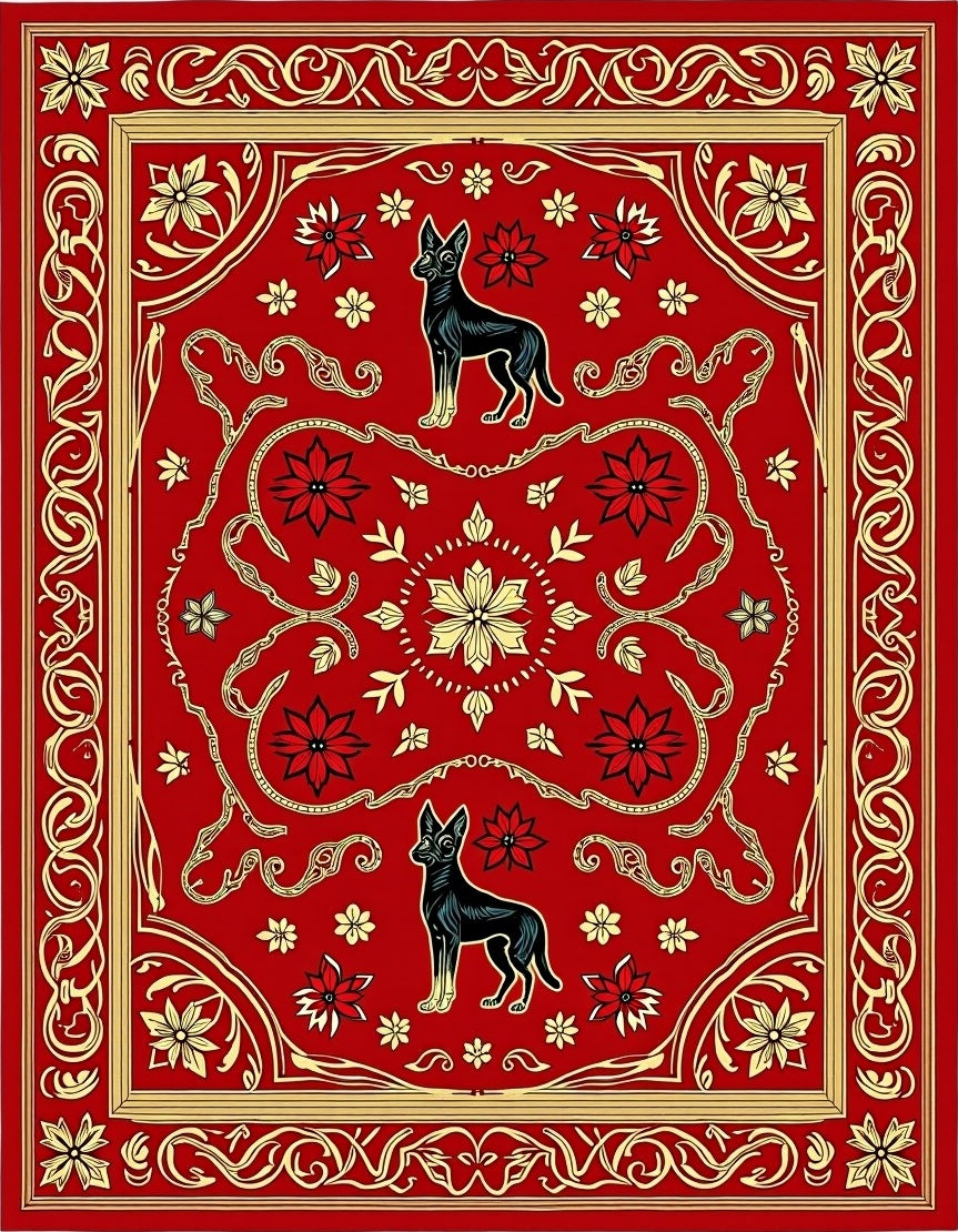 Crimson Red Dog Floral Scroll Rug