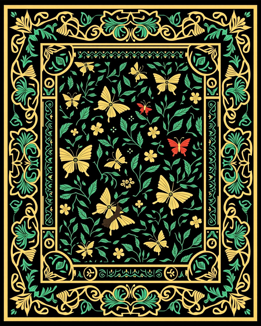 Black Yellow Green Butterfly Garden Rug