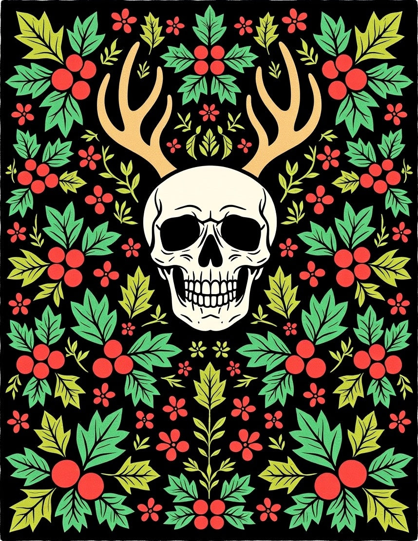 Whimsical Cranberry Skull Antler Rug