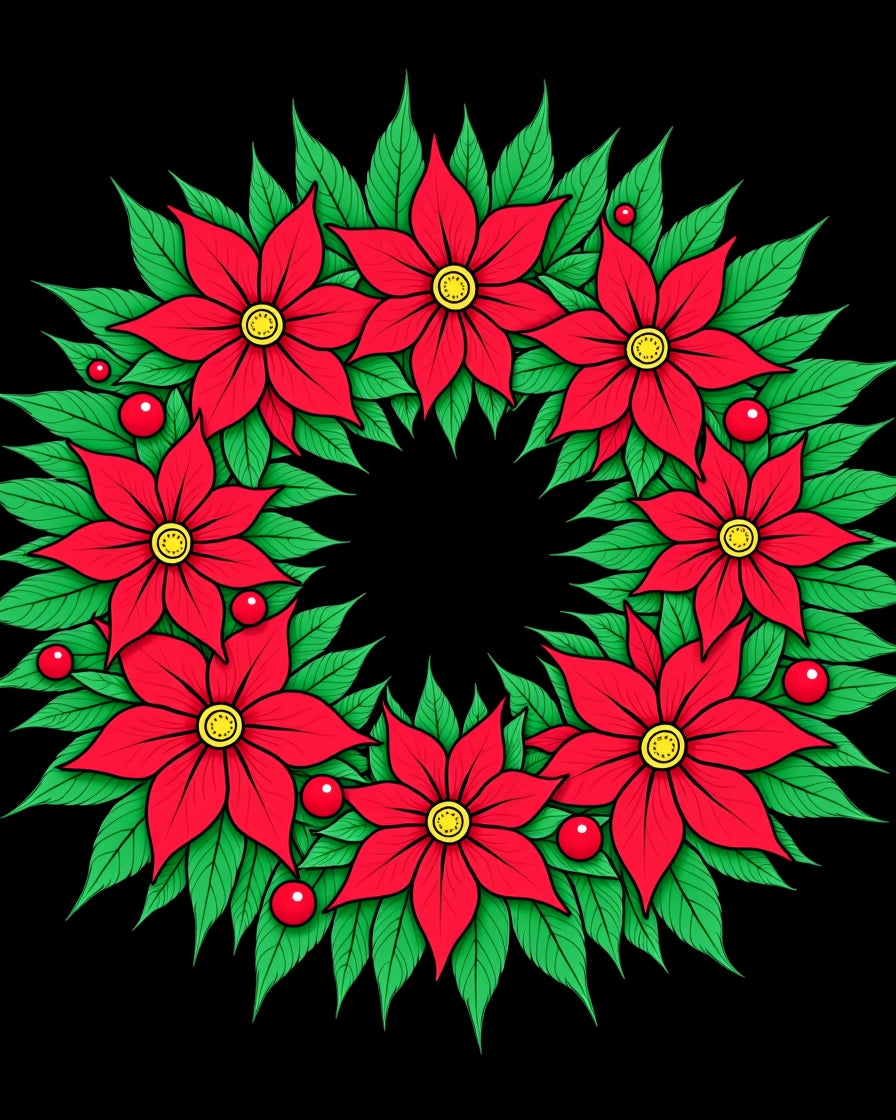 Red Poinsettia Green Leaf Wreath Rug