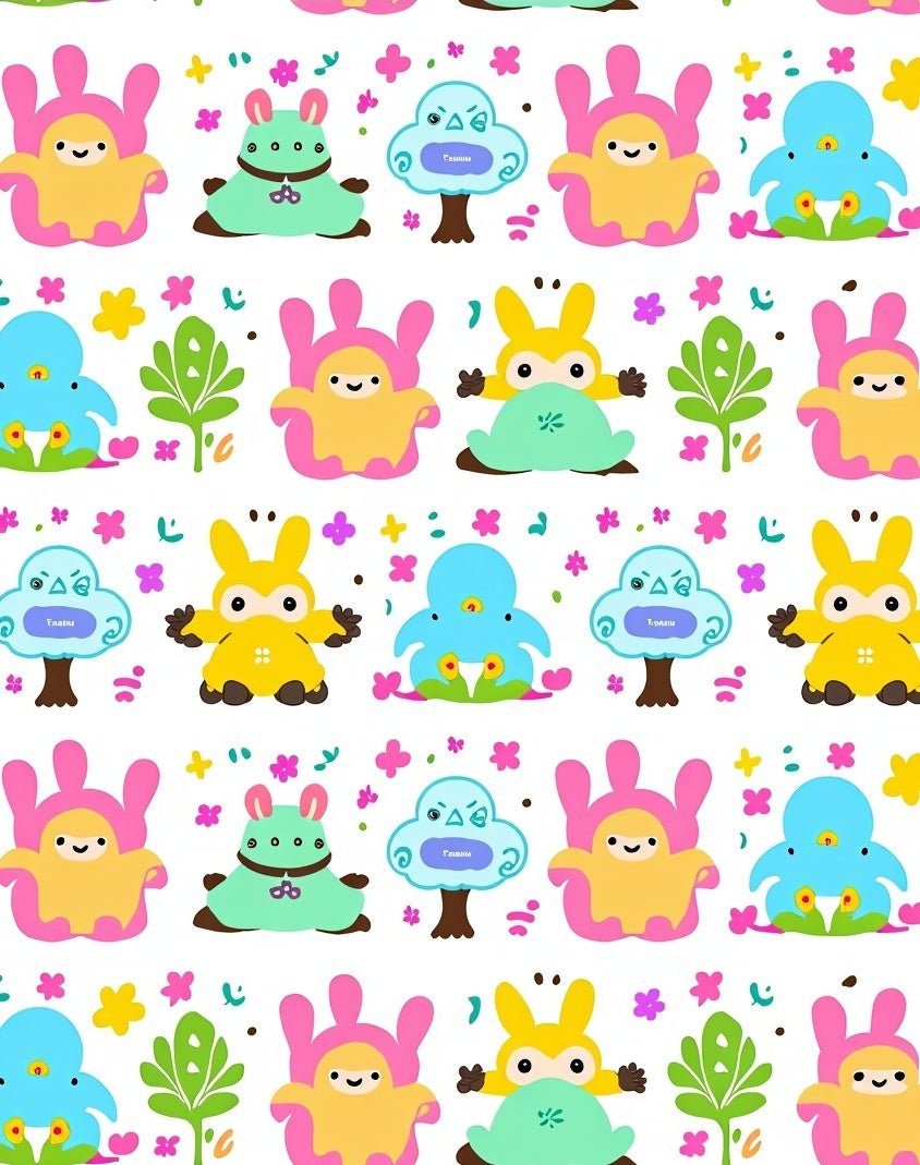 Whimsical Cartoon Creature Floral Field Rug