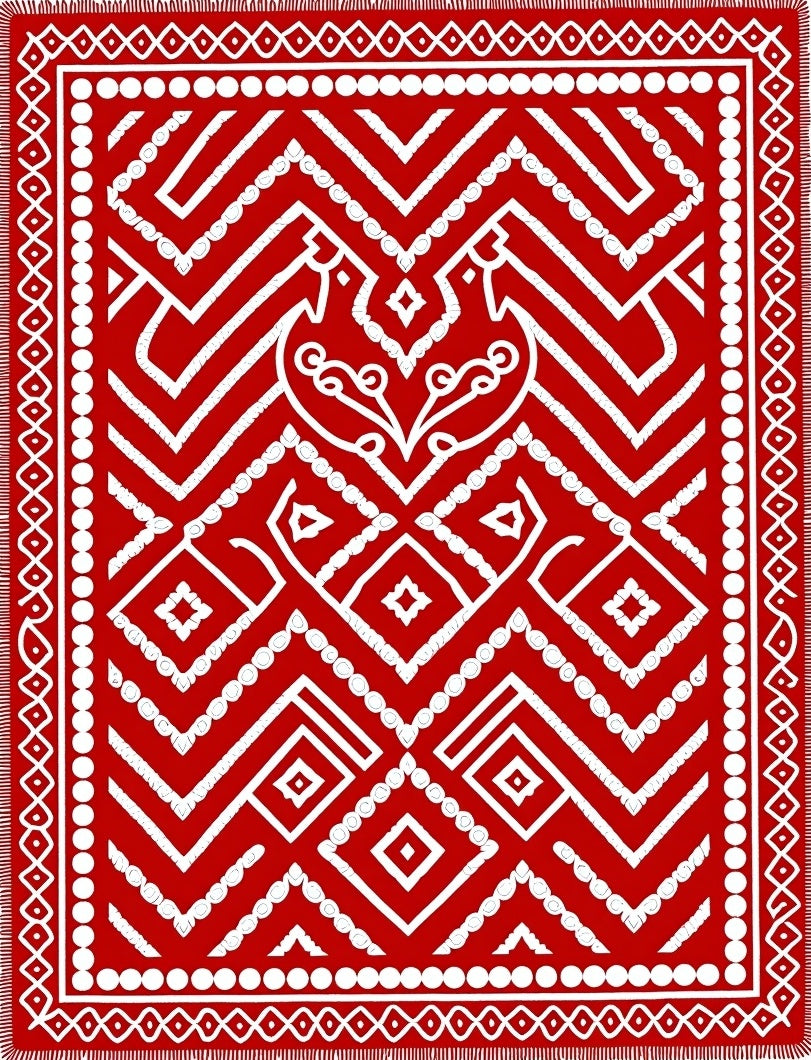 Vibrant Red Geometric Tribal Medallion Rug