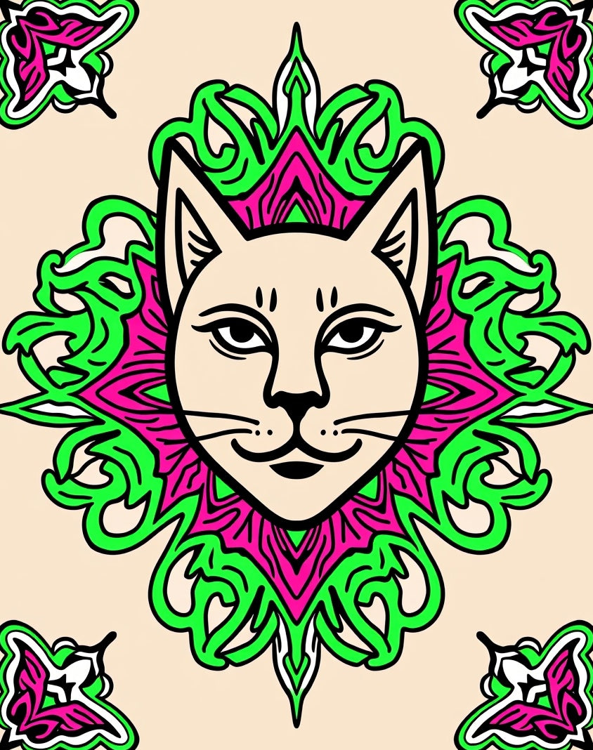 Whimsical Cat Medallion Magenta Green Rug