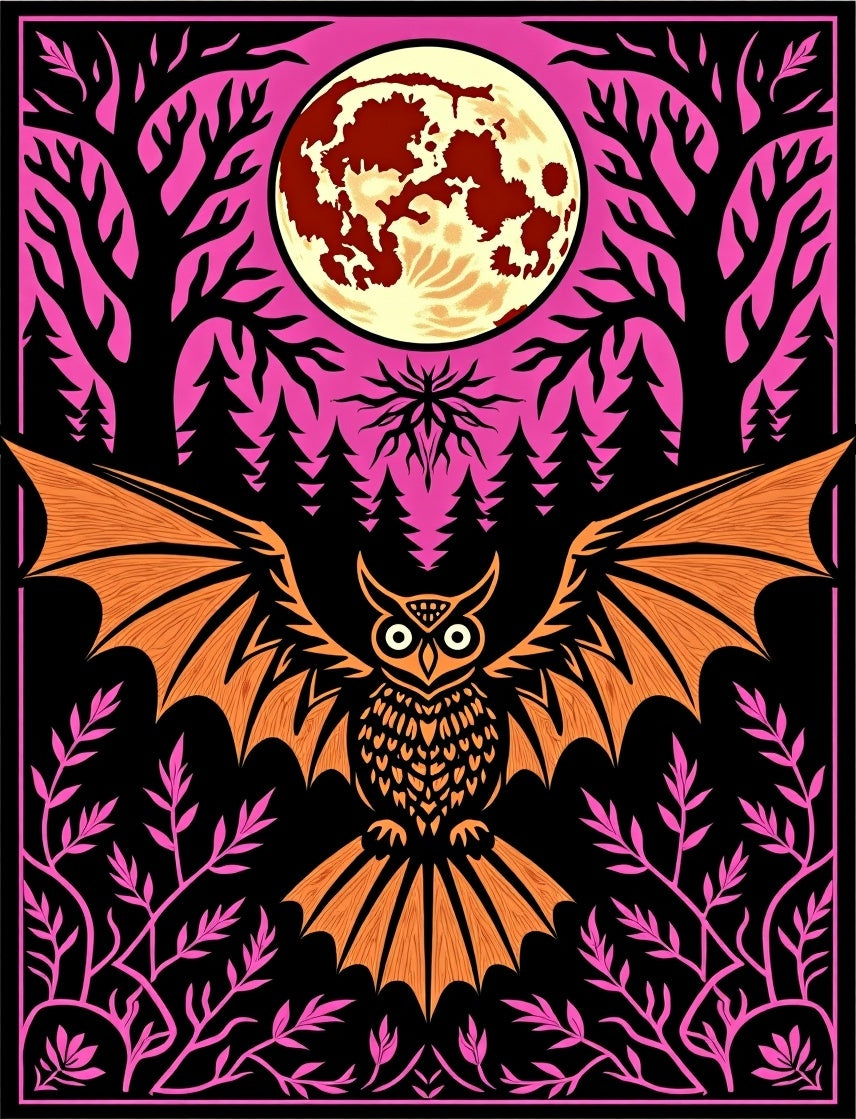 Golden Owl Full Moon Forest Scene Rug