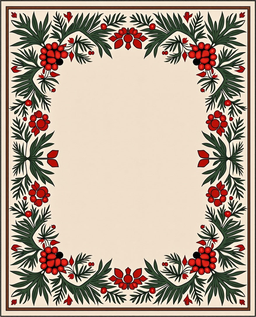 Red Berry Green Leaf Floral Border Rug