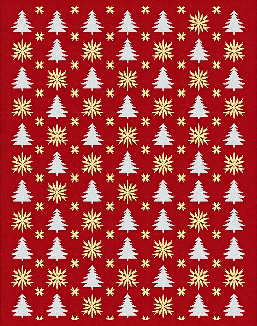 White Tree Yellow Starburst Red Background Rug
