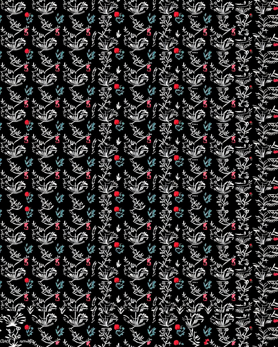 Black White Botanical Red Flower Vines Rug