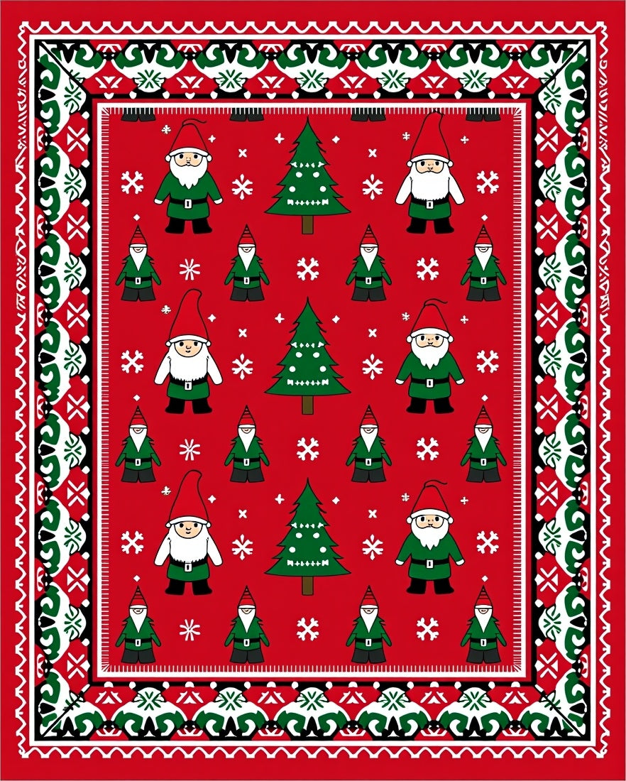 Red Christmas Gnome Trees Border Rug
