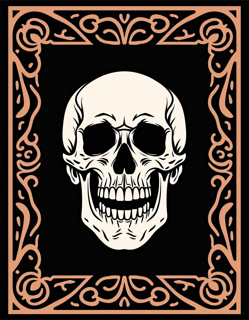 Cream Skull Black Ornate Frame Rug