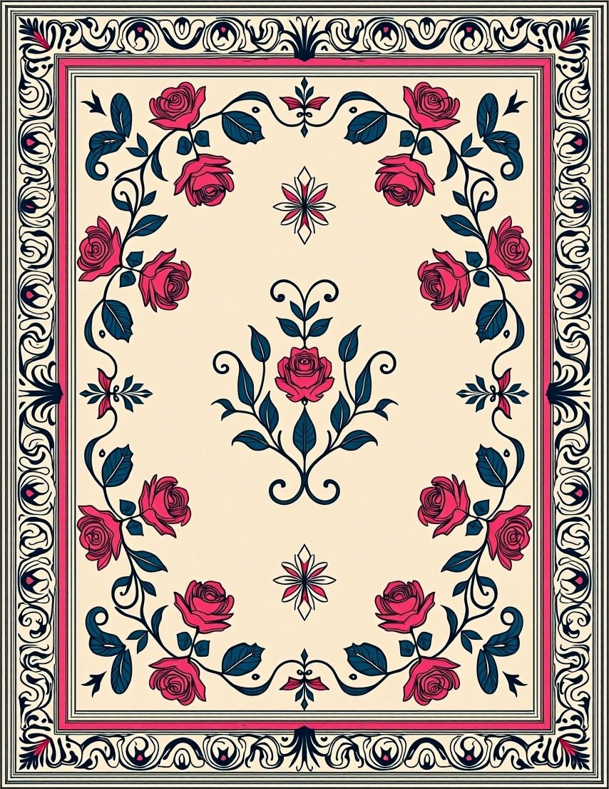 Crimson Rose Floral Scroll Medallion Rug