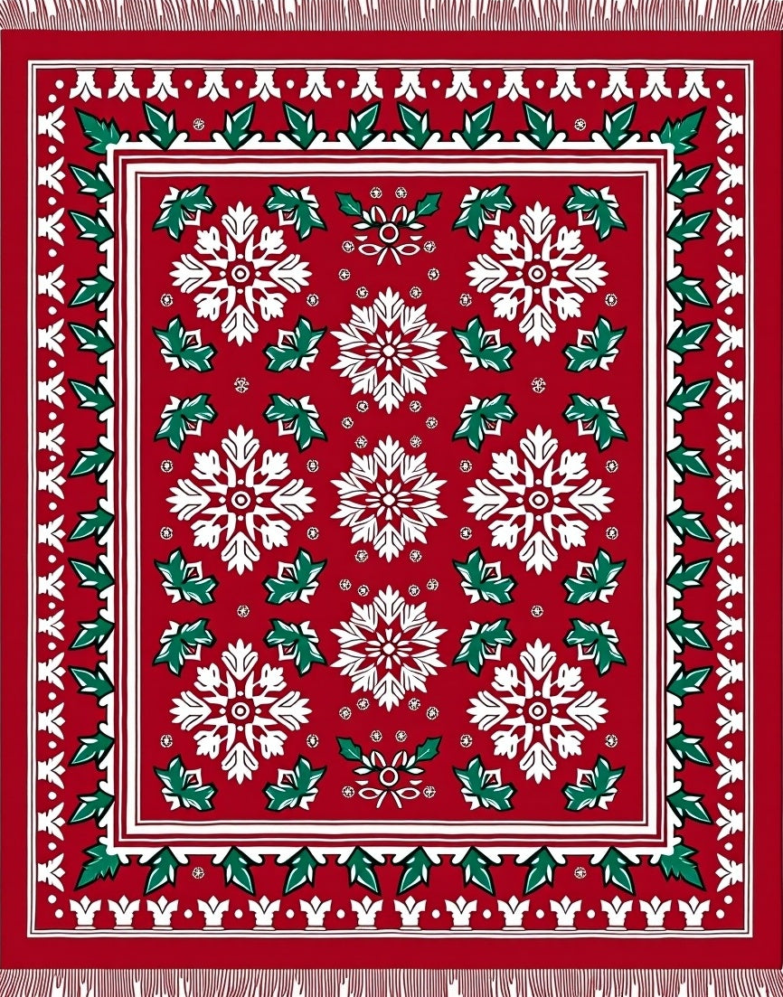 Red White Green Snowflake Holly Border Rug