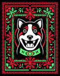 Festive Red Green Dog Portrait Rug