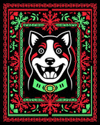 Festive Red Green Dog Portrait Rug