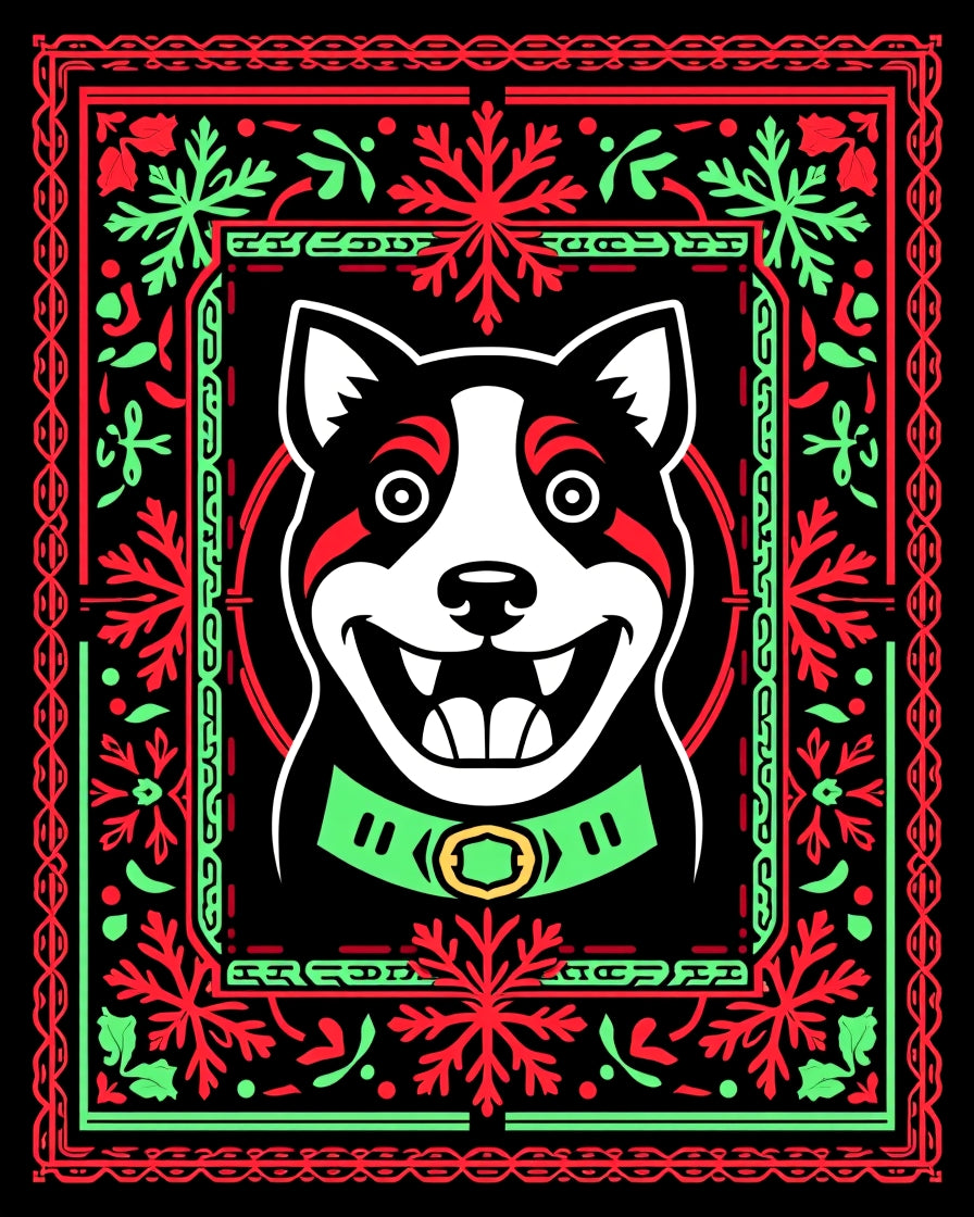 Festive Red Green Dog Portrait Rug