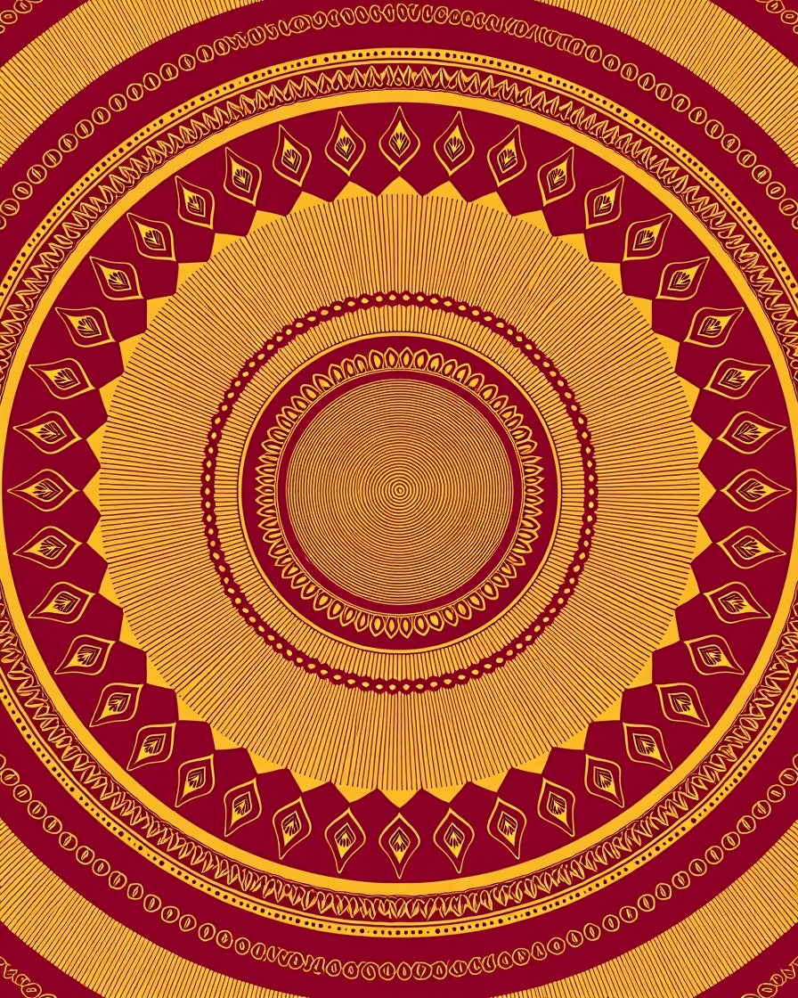 Crimson Gold Radial Sunburst Mandala Rug