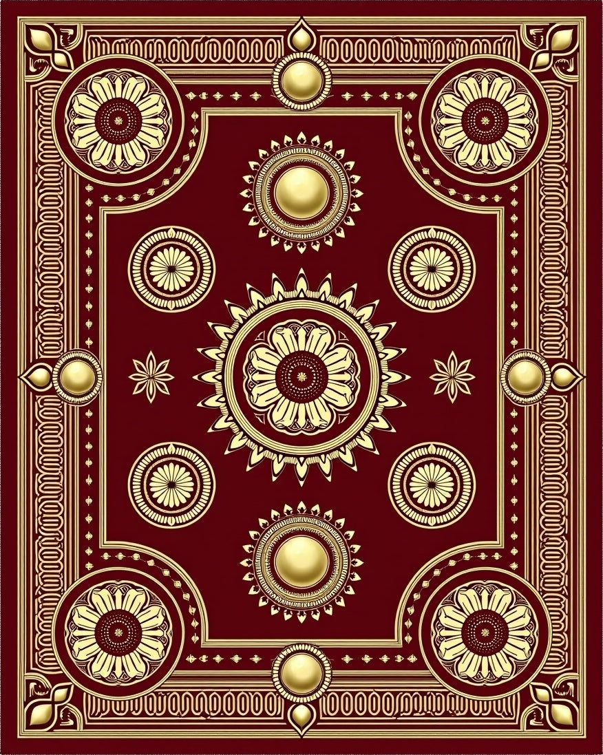 Rich Crimson Golden Floral Mandala Rug