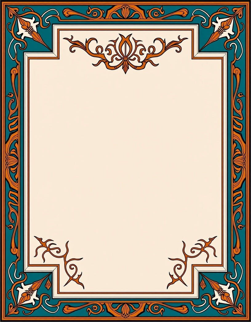 Vintage Teal Orange Floral Frame Rug