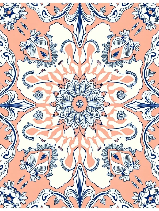 Coral Blue White Medallion Mandala Rug