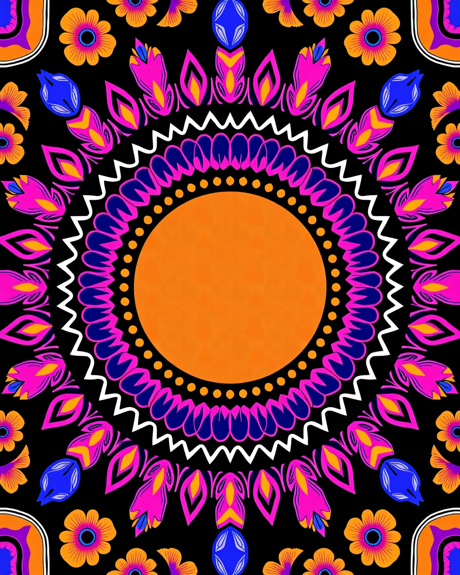 Vibrant Teal Orange Floral Mandala Rug