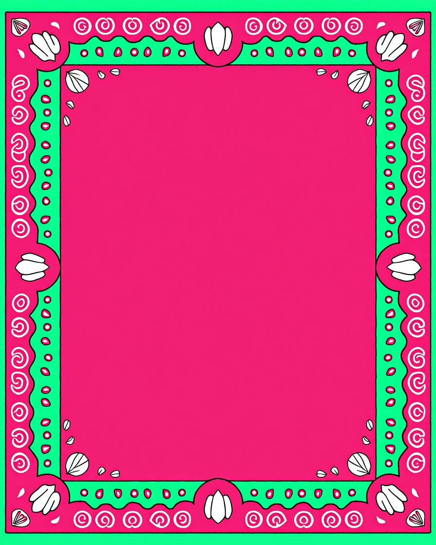 Vibrant Pink Green Shell Swirl Border Rug