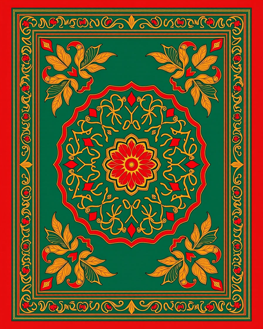 Traditional Green Red Floral Medallion Rug