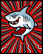 Grinning Blue Shark Red Radial Waves Rug
