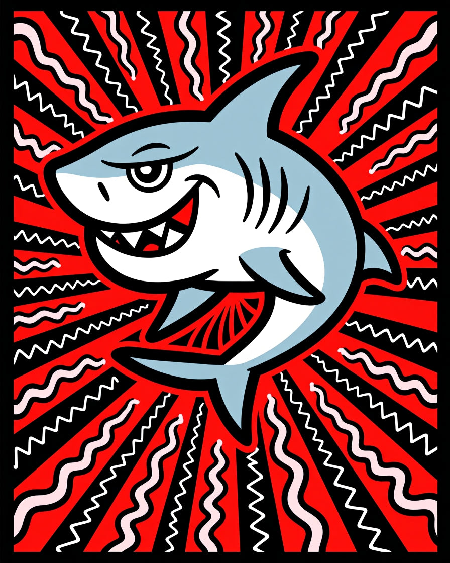 Grinning Blue Shark Red Radial Waves Rug