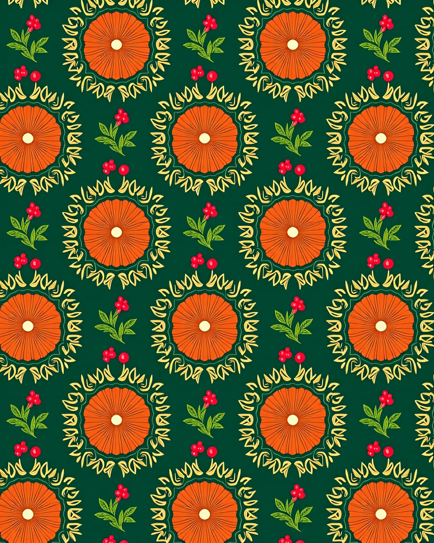 Orange Sunburst Floral Folk Art Rug