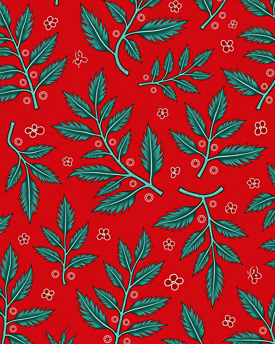 Radiant Red Teal Leafy Branches Rug