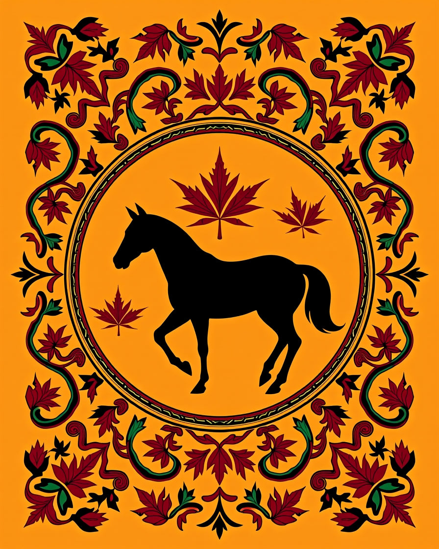 Black Horse Maple Leaf Medallion Border Rug