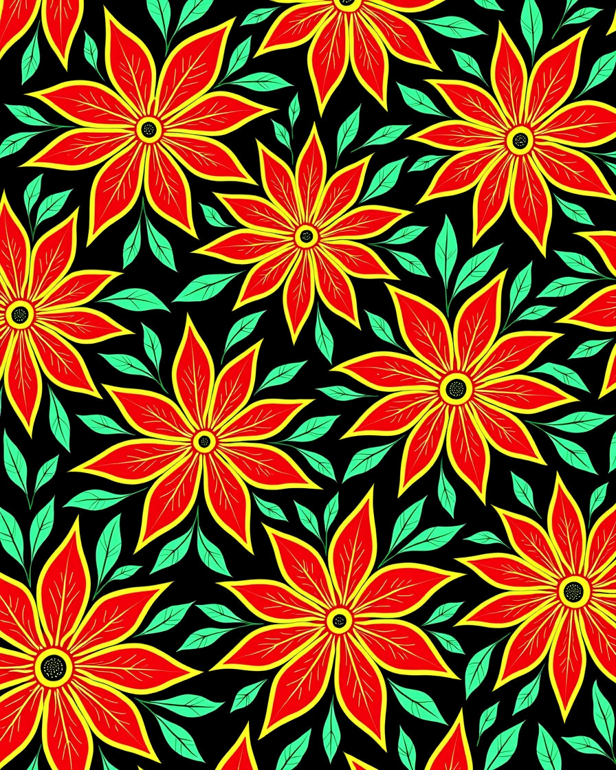 Vibrant Red Yellow Floral Foliage Rug