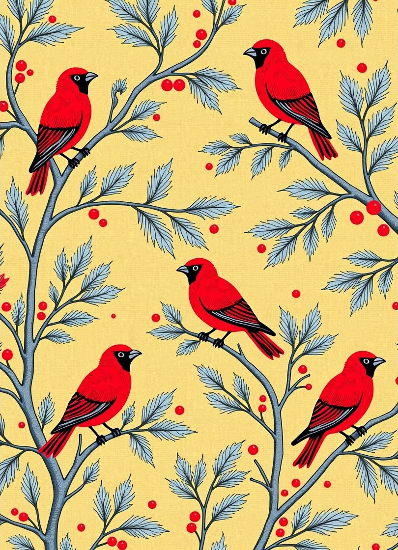 Red Birds Yellow Branch Berry Arrangement Rug