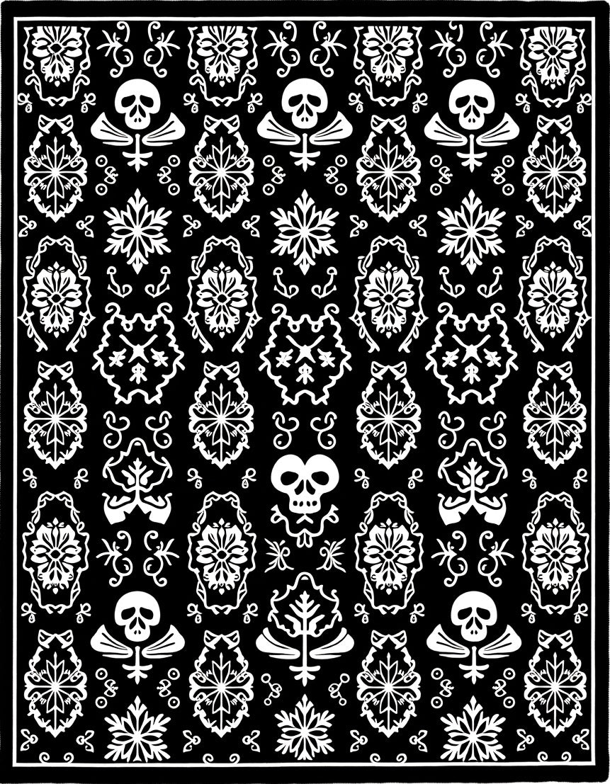 Black White Skull Damask Ornamental Rug