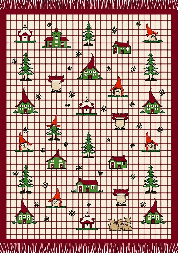 Charming Gnome Village Red Grid Rug