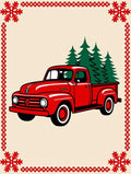 Vintage Red Truck Christmas Trees Border Rug