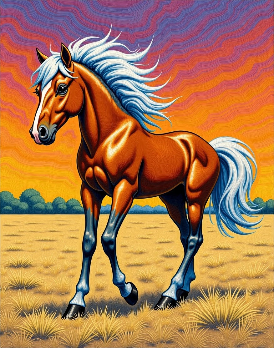 Vibrant Brown Horse Sunset Field Rug