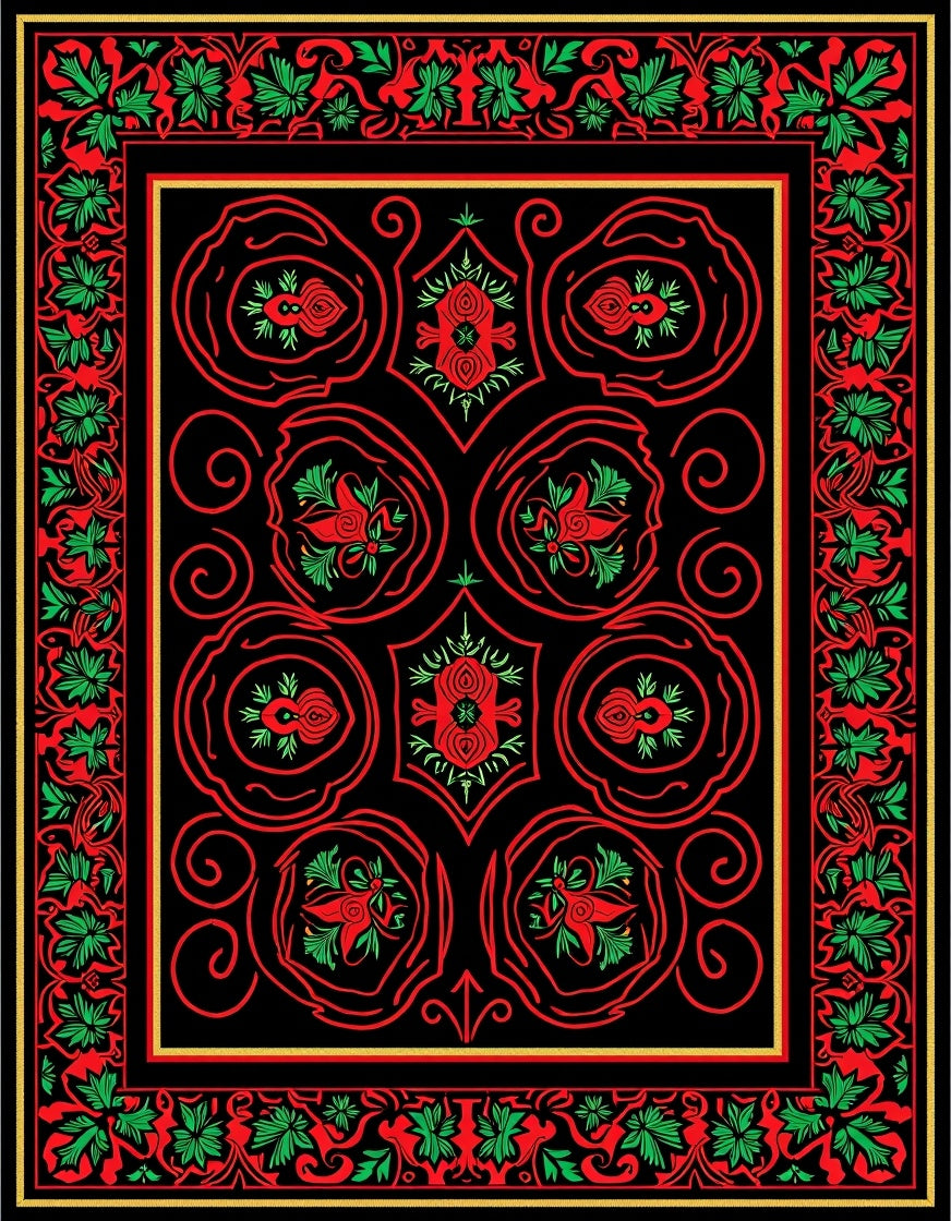 Vibrant Red Green Floral Border Rug