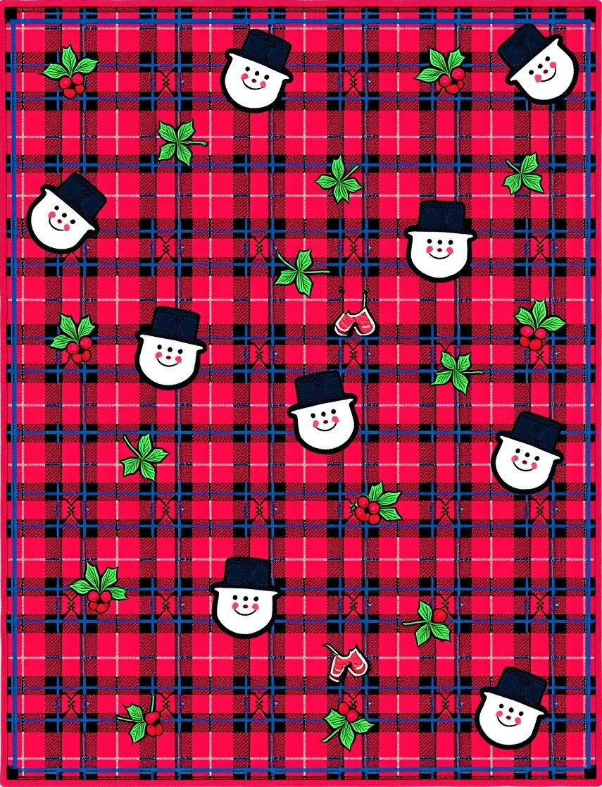 Red Plaid Snowman Holly Mittens Rug