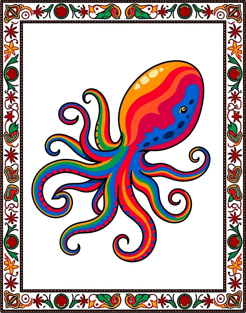Vibrant Rainbow Octopus In Ornate Border Rug