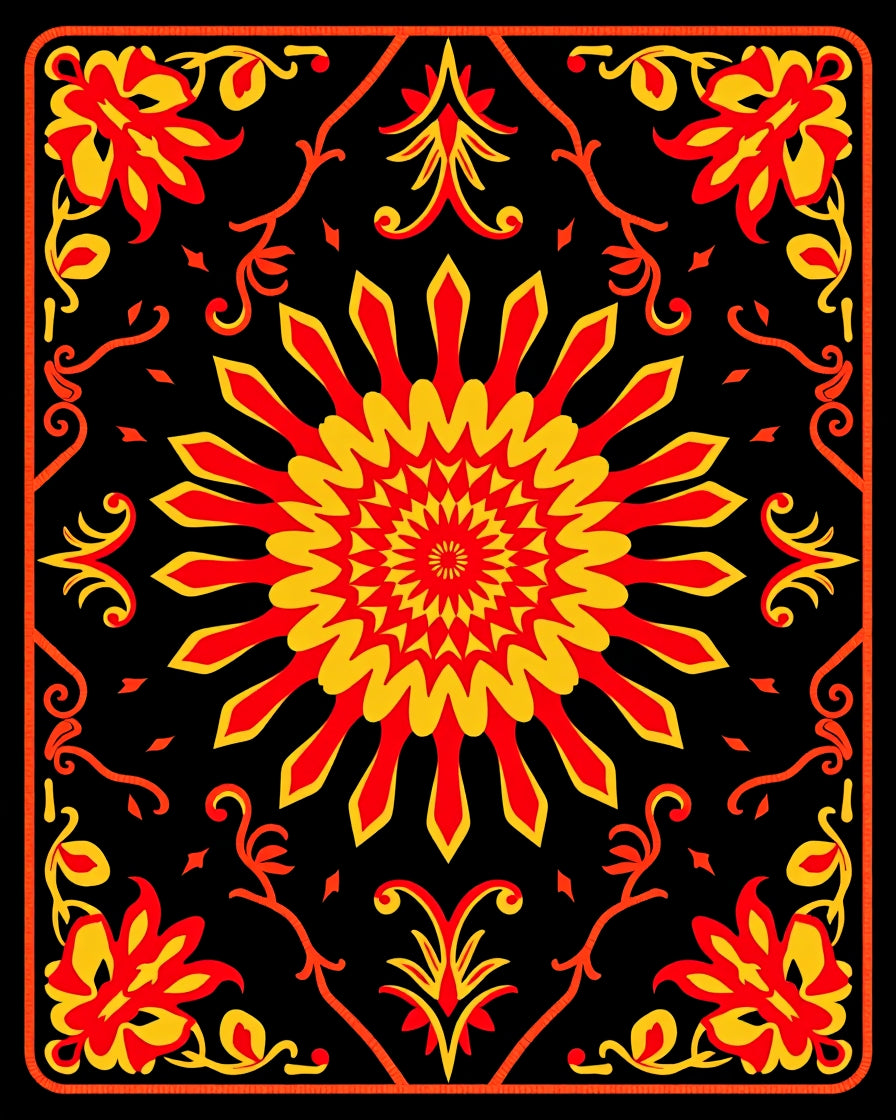 Vibrant Red Yellow Floral Sunburst Rug