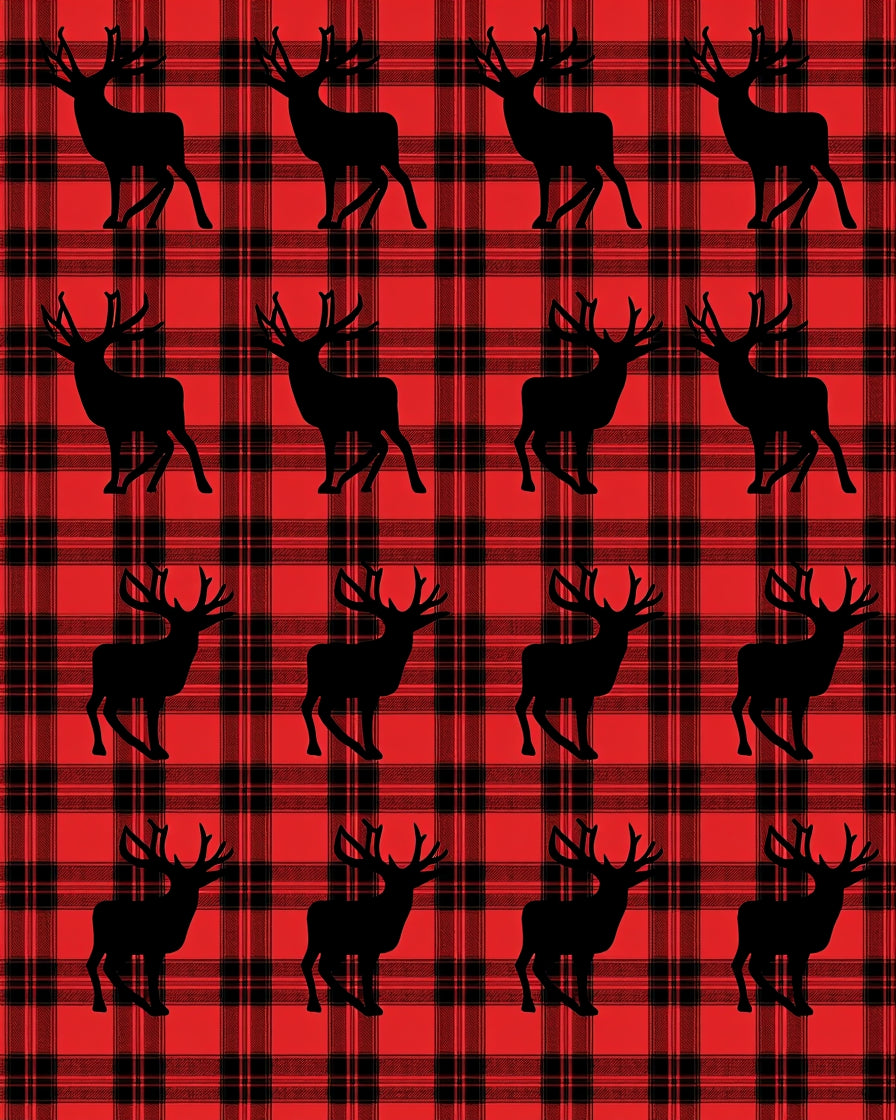 Red Black Plaid Deer Silhouette Rug