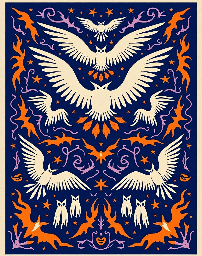 Dark Blue Cream Orange Owl Mandala Rug