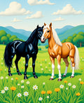 Two Chestnut Black Horses Meadow FlowersRug Rug