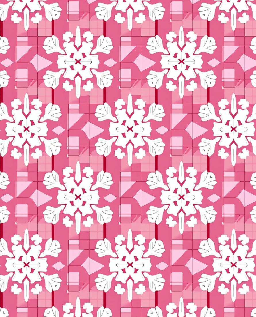 Pink White Snowflake Geometric Overlay Rug