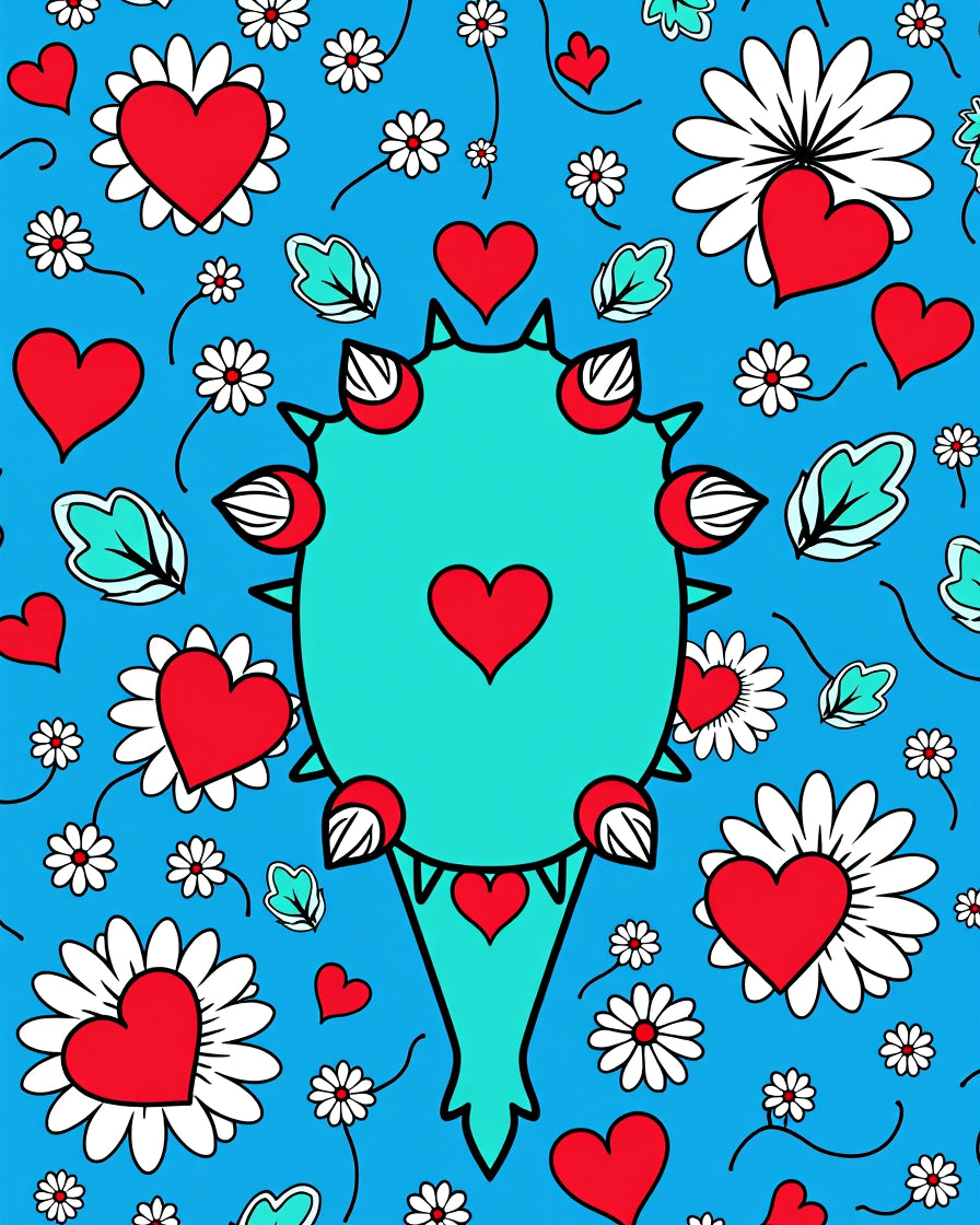 Teal Heart Monster Daisy Garden Rug